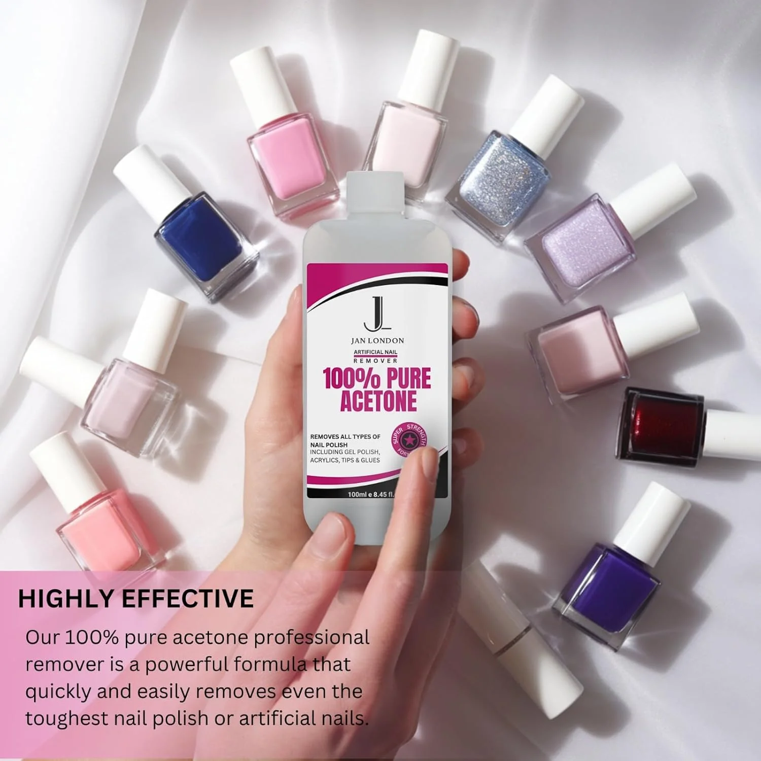 پاک کننده لاک ناخن استون 100% خالص JAN LONDON برای ژل UV/LED، ناخن های اکریلیک و خیساندن لاک ناخن - فرمول قوی و سریع الاثر، 2 عدد 100 میلی لیتری
