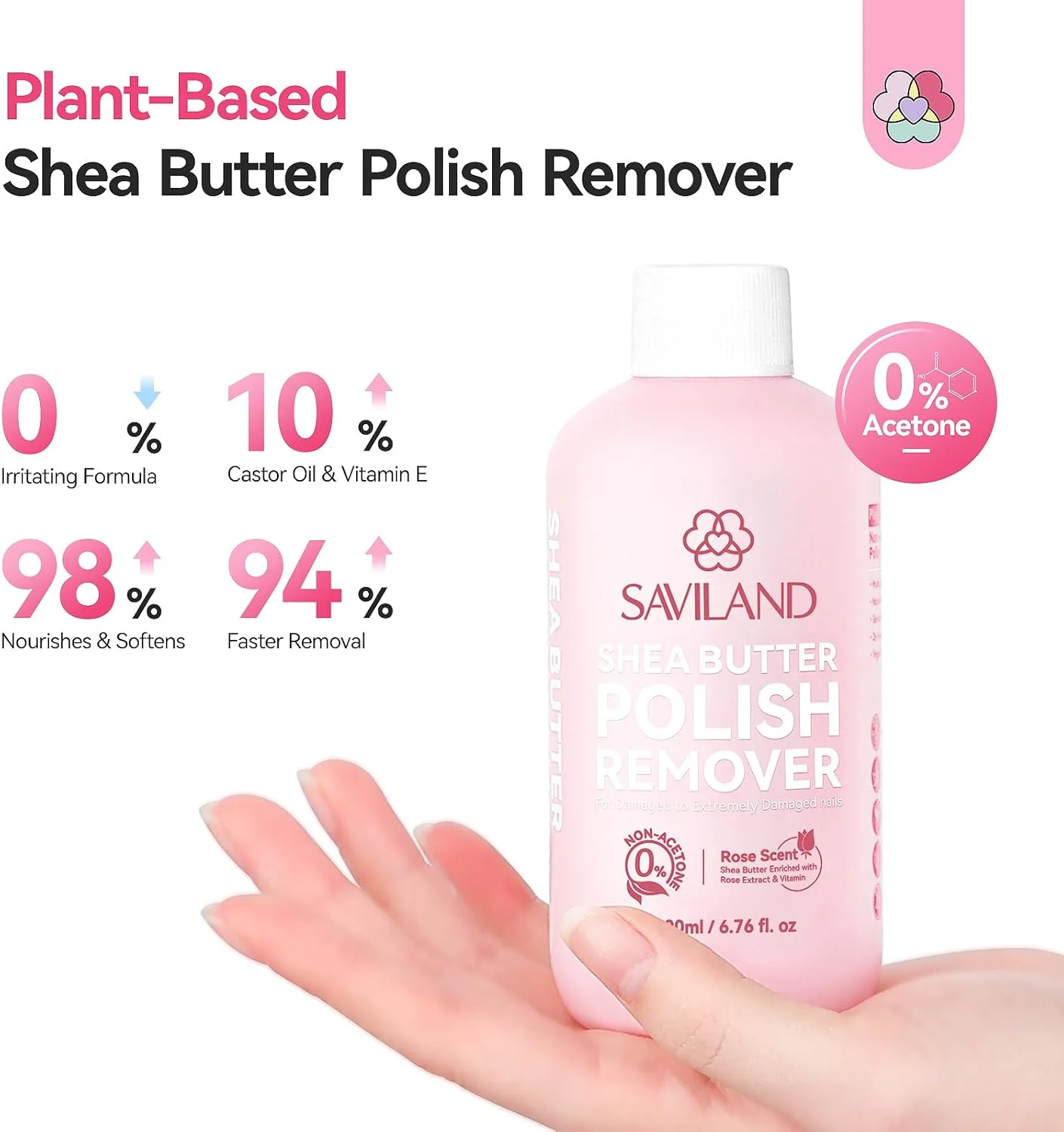 پاک کننده لاک ناخن گیاهی ساویلند: 200 میلی لیتر، بدون استون، بدون خشک کردن، حاوی کره شی، غنی از روغن کرچک، مناسب برای پاک کردن لاک های معمولی، اکلیلی و چشم گربه ای، قابل استفاده در منزل و سالن