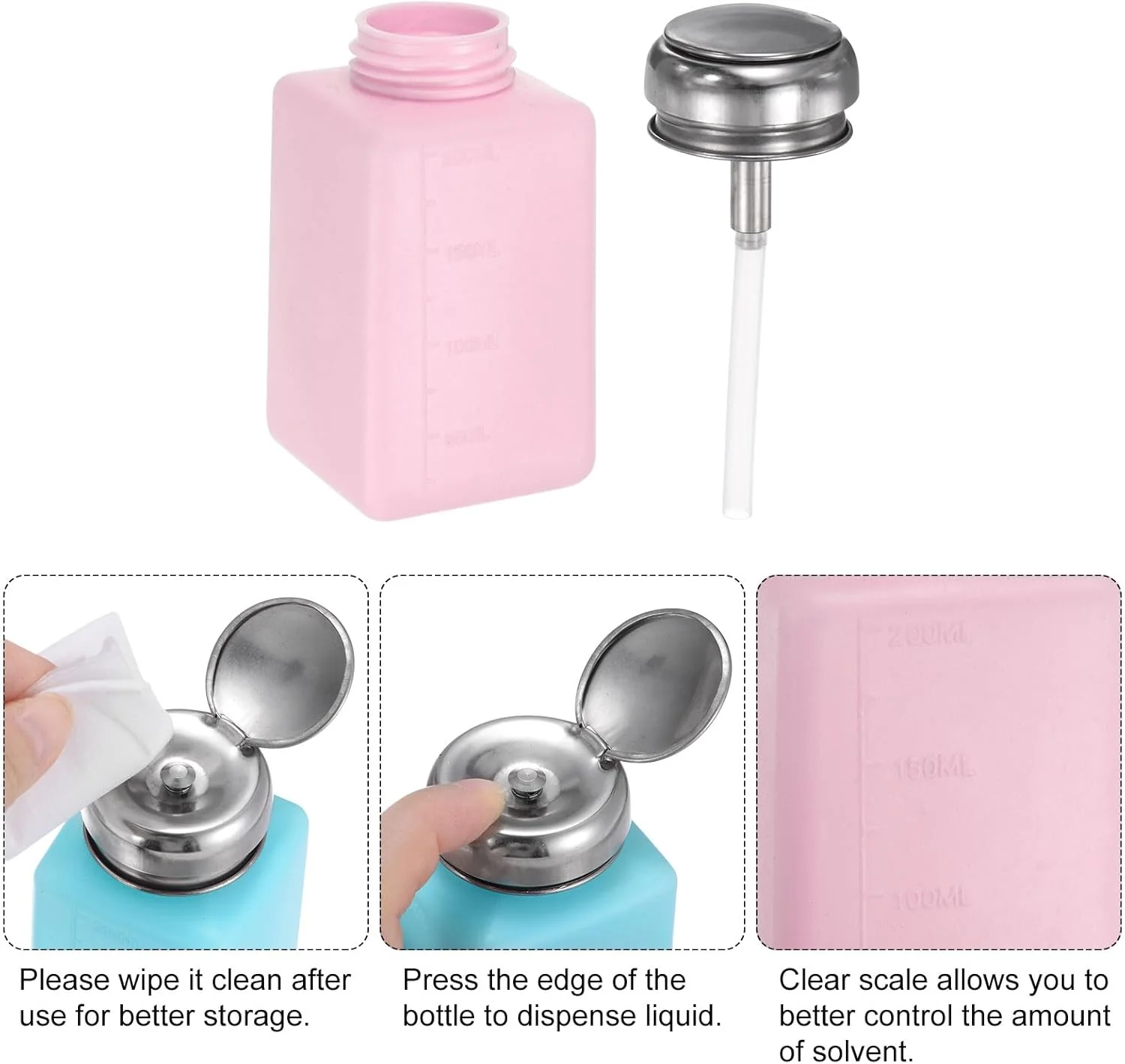 سورسینگ مپ 2 عدد بطری پخش کننده الکل حلال 200 میلی لیتری (6.7 اونس) پمپ پخش کننده مایع فشاری با درب استیل ضد زنگ برای پاک کننده استون و پاک کننده لاک، صورتی سورسینگ مپ 2 عدد بطری پخش کننده الکل حلال 200 میلی لیتری (6.7 اونس) پمپ پخش کننده مایع فشاری با درب استیل ضد زنگ برای پاک کننده استون و پاک کننده لاک، صورتی