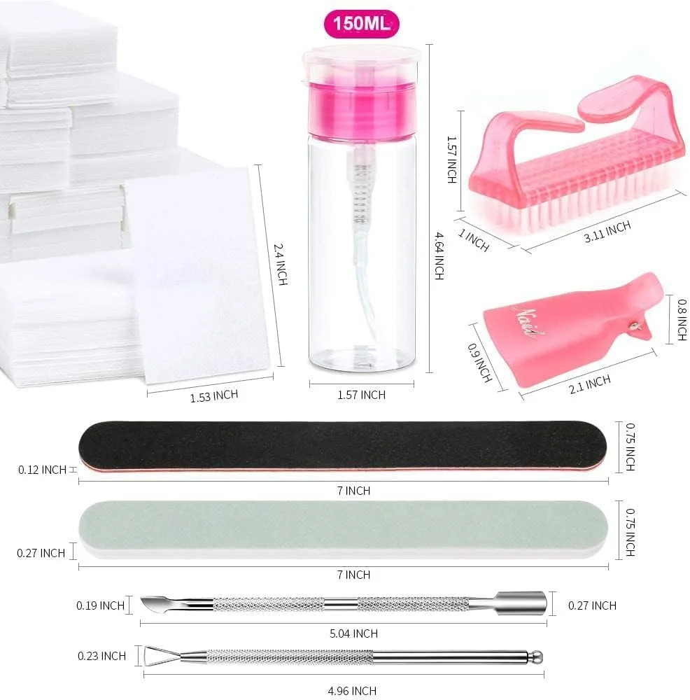 ست ابزار حذف لاک ژل ناخن، 10 عدد گیره ناخن صورتی، بطری 150 میلی لیتری پاک کننده لاک ناخن، 500 عدد پد پنبه ای پاک کننده، برس ناخن، عقب زننده کوتیکول، لایه بردار کوتیکول، سوهان ناخن، بافر بلاک