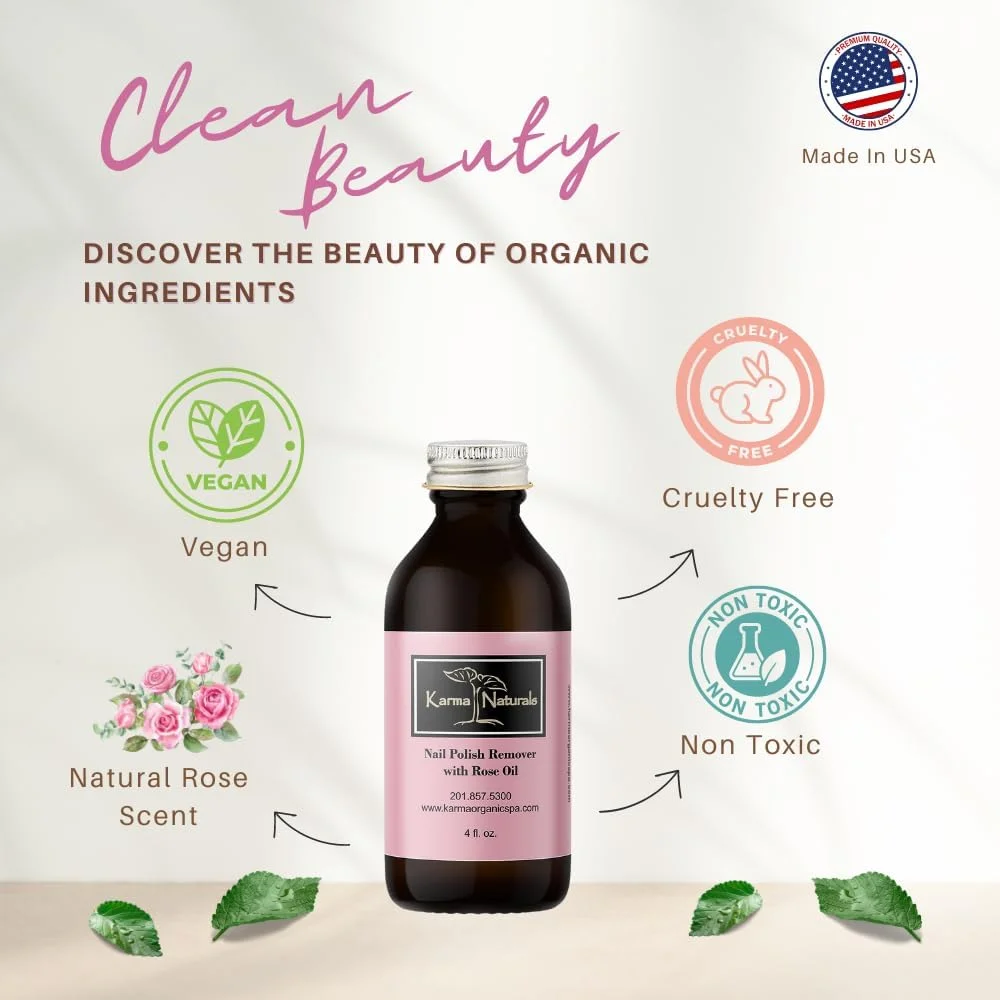 پاک کننده لاک ناخن ارگانیک Karma با روغن گل رز - غیر سمی، وگان، بدون تست حیوانی، بدون استون - تقویت کننده ناخن برای ناخن های انگشت - 118 میلی لیتر پاک کننده لاک ناخن ارگانیک Karma با روغن گل رز - غیر سمی، وگان، بدون تست حیوانی، بدون استون - تقویت کننده ناخن برای ناخن های انگشت - 118 میلی لیتر
