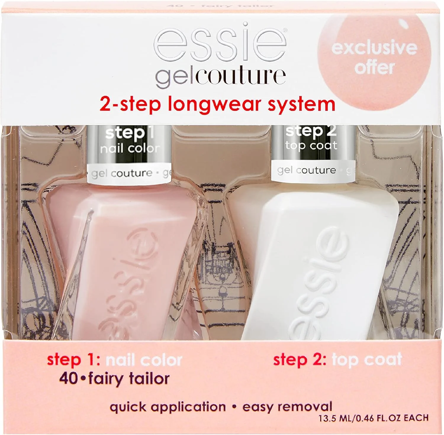 کیت لاک ناخن ژلی با ماندگاری طولانی Essie Couture، صورتی کالباسی ملایم، Fairy Tailor + پوشش نهایی، 13.5 میلی لیتر کیت لاک ناخن ژلی با ماندگاری طولانی Essie Couture، صورتی کالباسی ملایم، Fairy Tailor + پوشش نهایی، 13.5 میلی لیتر