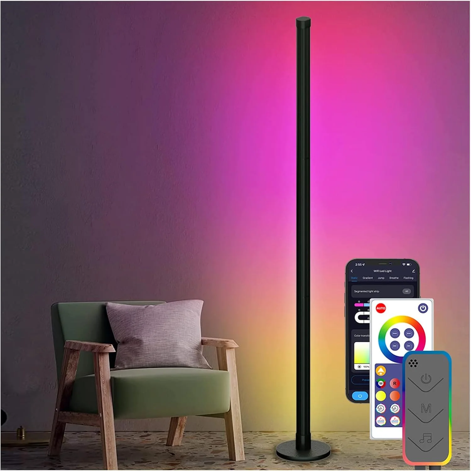 چراغ ایستاده ویرلیا، چراغ گوشه LED سازگار با الکسا، چراغ های مدرن هوشمند اتاق خواب 1000 لومن با همگام سازی موسیقی و میلیون ها رنگ DIY، چراغ ایستاده تغییر رنگ غروب خورشید برای اتاق نشیمن، اتاق خواب