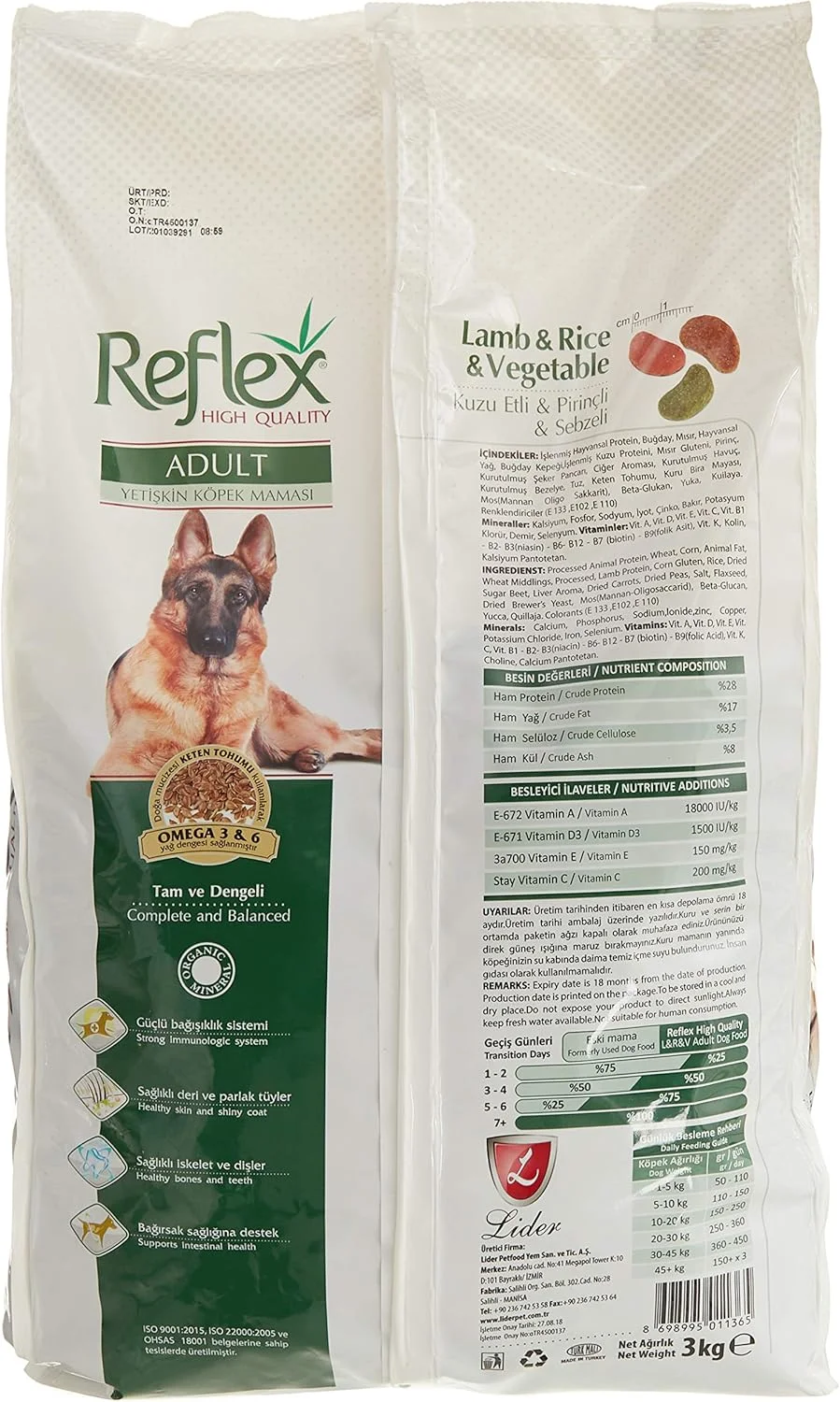 غذای خشک سگ بالغ رفلکس لیدر با طعم بره، برنج و سبزیجات، چند رنگ، 3 کیلوگرم، بسته بندی ممکن است متفاوت باشد