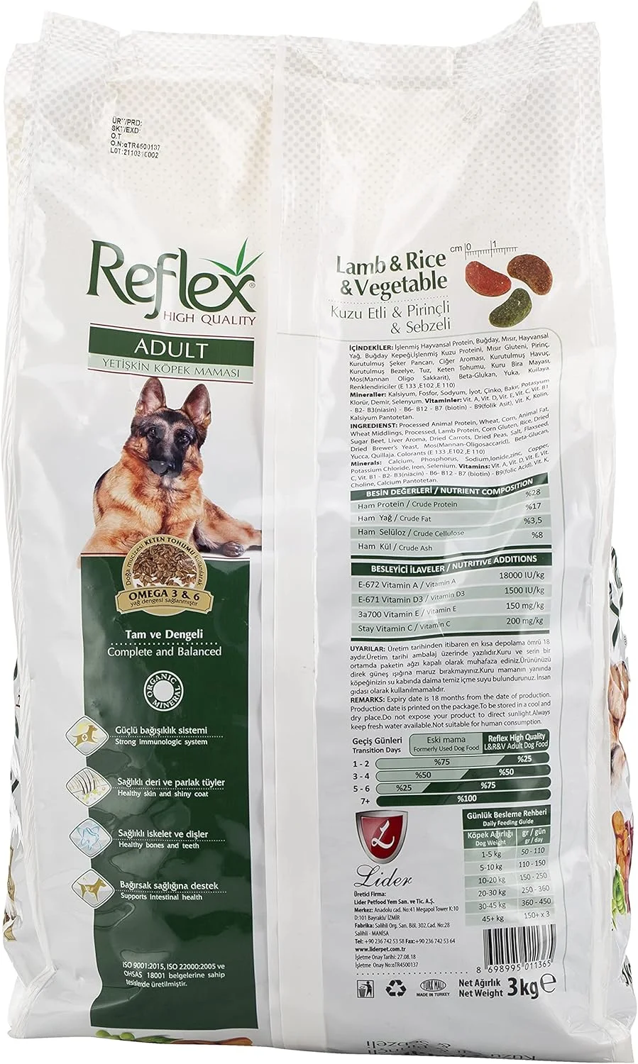 غذای خشک سگ بالغ رفلکس لیدر با طعم بره، برنج و سبزیجات، چند رنگ، 3 کیلوگرم، بسته بندی ممکن است متفاوت باشد