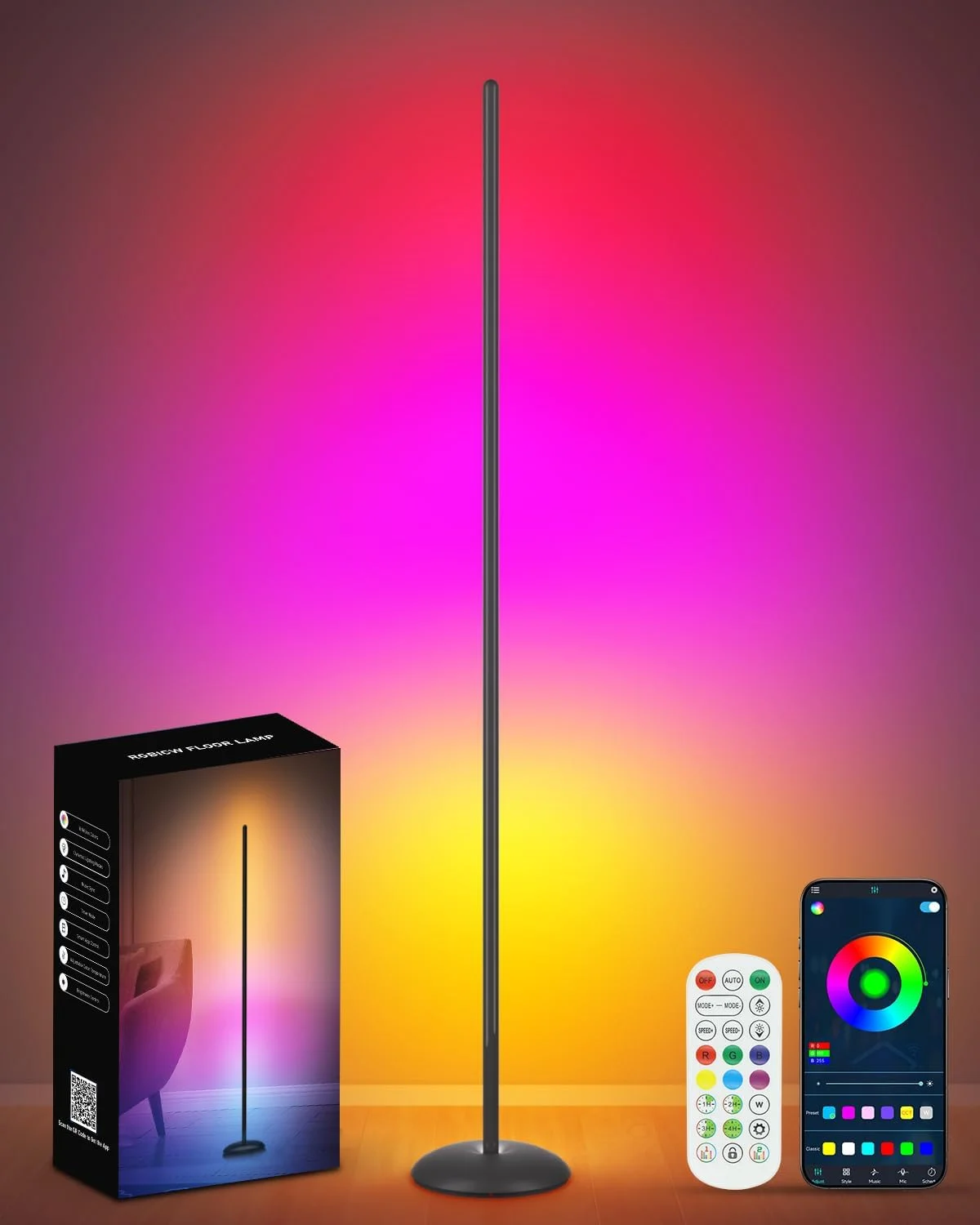 چراغ ایستاده کنج Vexinat، چراغ کنج ال ای دی هوشمند RGB با اپلیکیشن و ریموت، چراغ ایستاده مدرن با 16 میلیون رنگ، همگام سازی با موسیقی، حالت های صحنه، چراغ های ایستاده تغییر رنگ برای اتاق نشیمن، اتاق خواب