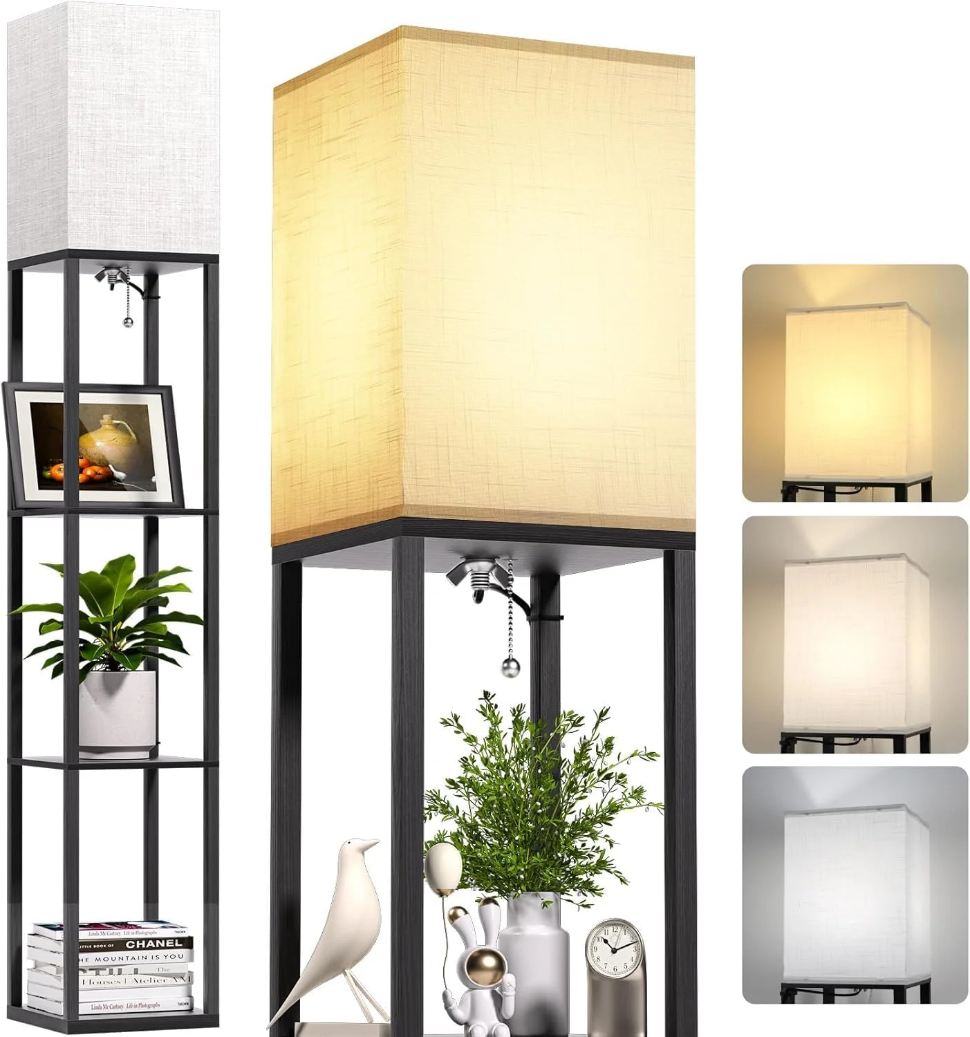 WAMBORY Floor Lamp with Shelves, Wood Shelf Floor Lamp with 3 Color Temperature LED Bulb for Display Storage, Corner Square Standing Column Bookshelf Lamp with White Linen Shade for Bedroom Office