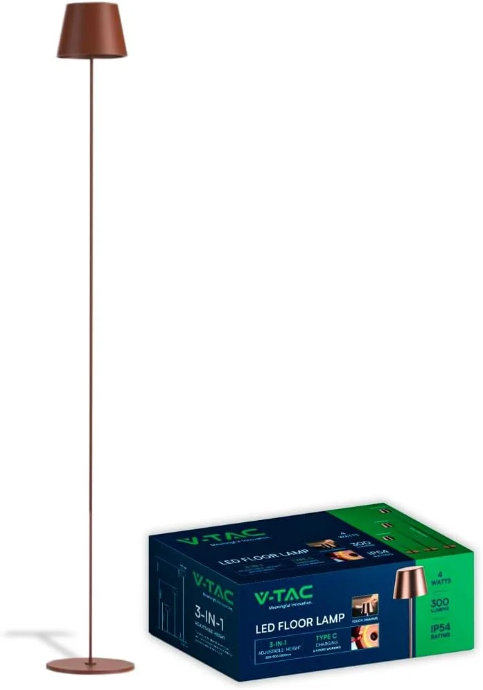 چراغ ایستاده LED دیمر پذیر V-TAC VT-7544 آلومینیومی کورتن با قابلیت تنظیم ارتفاع 50 سانتی متر - 130 سانتی متر شارژر USB - SKU 7008، قهوه ای کورتن
