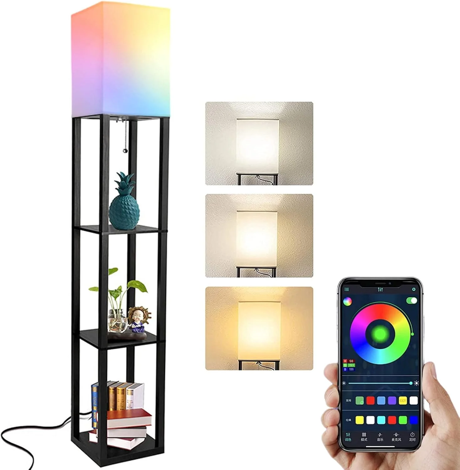 چراغ ایستاده VAODO با قفسه، قفسه مدرن 3 طبقه با لامپ RGB، چراغ ایستاده مدرن برای اتاق نشیمن، چراغ قفسه کتاب اتاق خواب