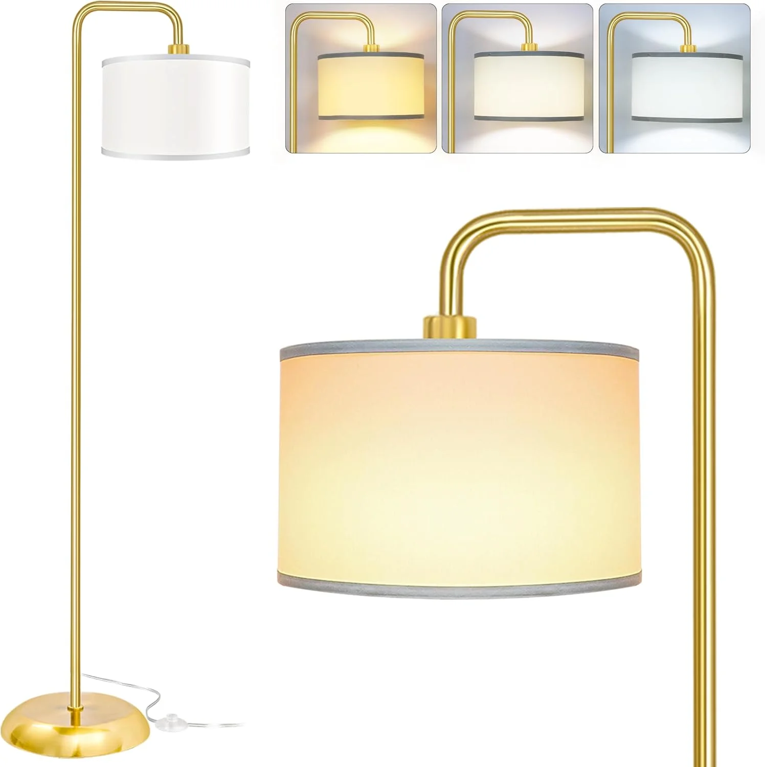 چراغ ایستاده LED [ارتقا یافته] برای اتاق نشیمن، چراغ ایستاده با 3 دمای رنگ با کلید پایی، چراغ ایستاده مدرن با میله بلند برای اتاق خواب، اتاق مطالعه، دفتر، شامل لامپ 9 وات، طلایی