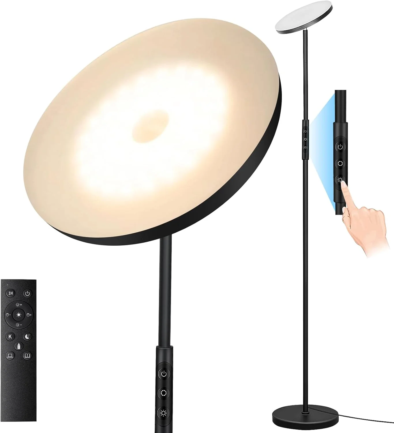 چراغ ایستاده، چراغ های LED ایستاده 36 واتی 3600 لومن فوق العاده روشن برای اتاق نشیمن، دمای رنگ 2700K-6500K با قابلیت تنظیم نور به صورت پیوسته با کنترل از راه دور و لمسی، چراغ ایستاده برای اتاق خواب و دفتر کار