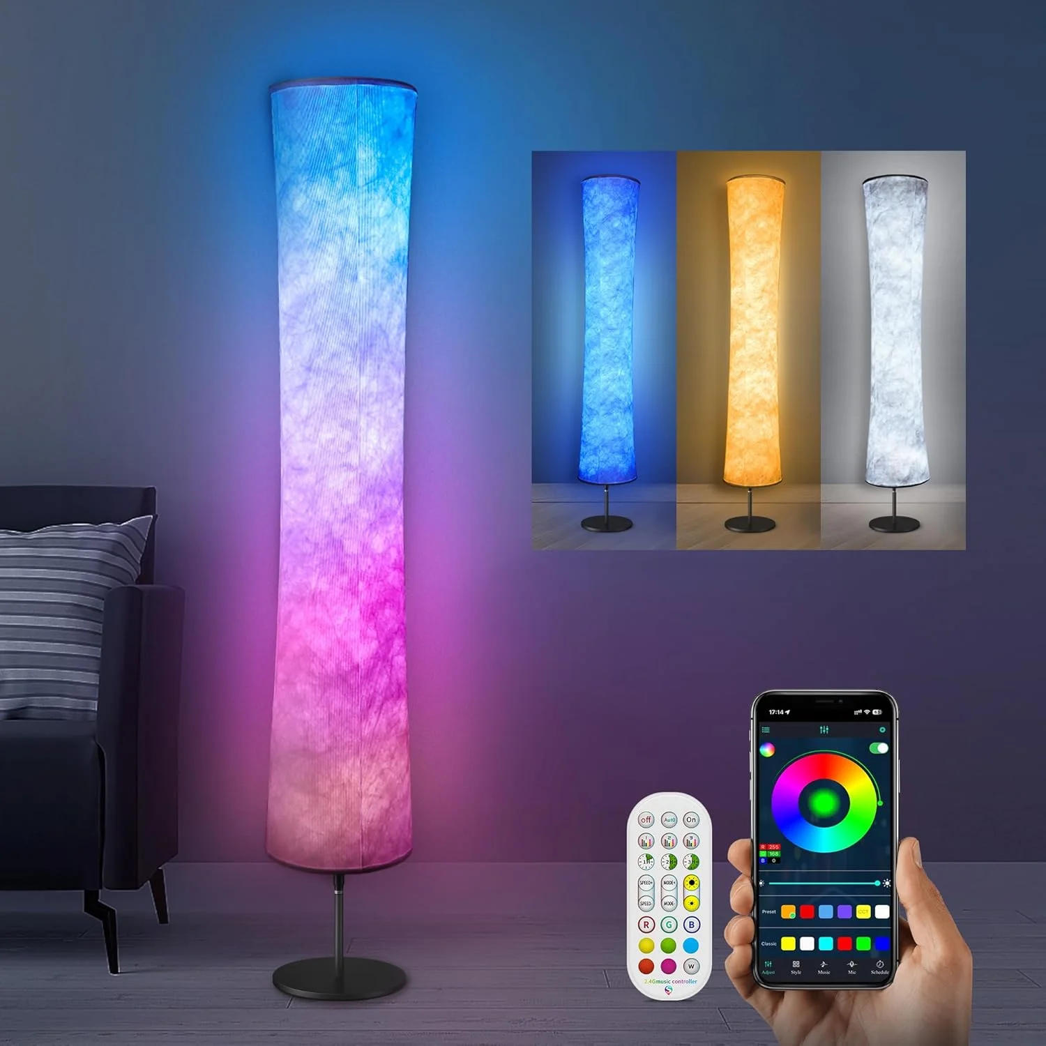 چراغ ایستاده مدرن Torchlet، چراغ هوشمند LED با قابلیت تغییر رنگ RGB، کنترل از طریق اپلیکیشن الکسا با حالت DIY، همگام سازی موسیقی و سایه پارچه ای سفید، چراغ ایستاده برای اتاق نشیمن/بازی اتاق خواب
