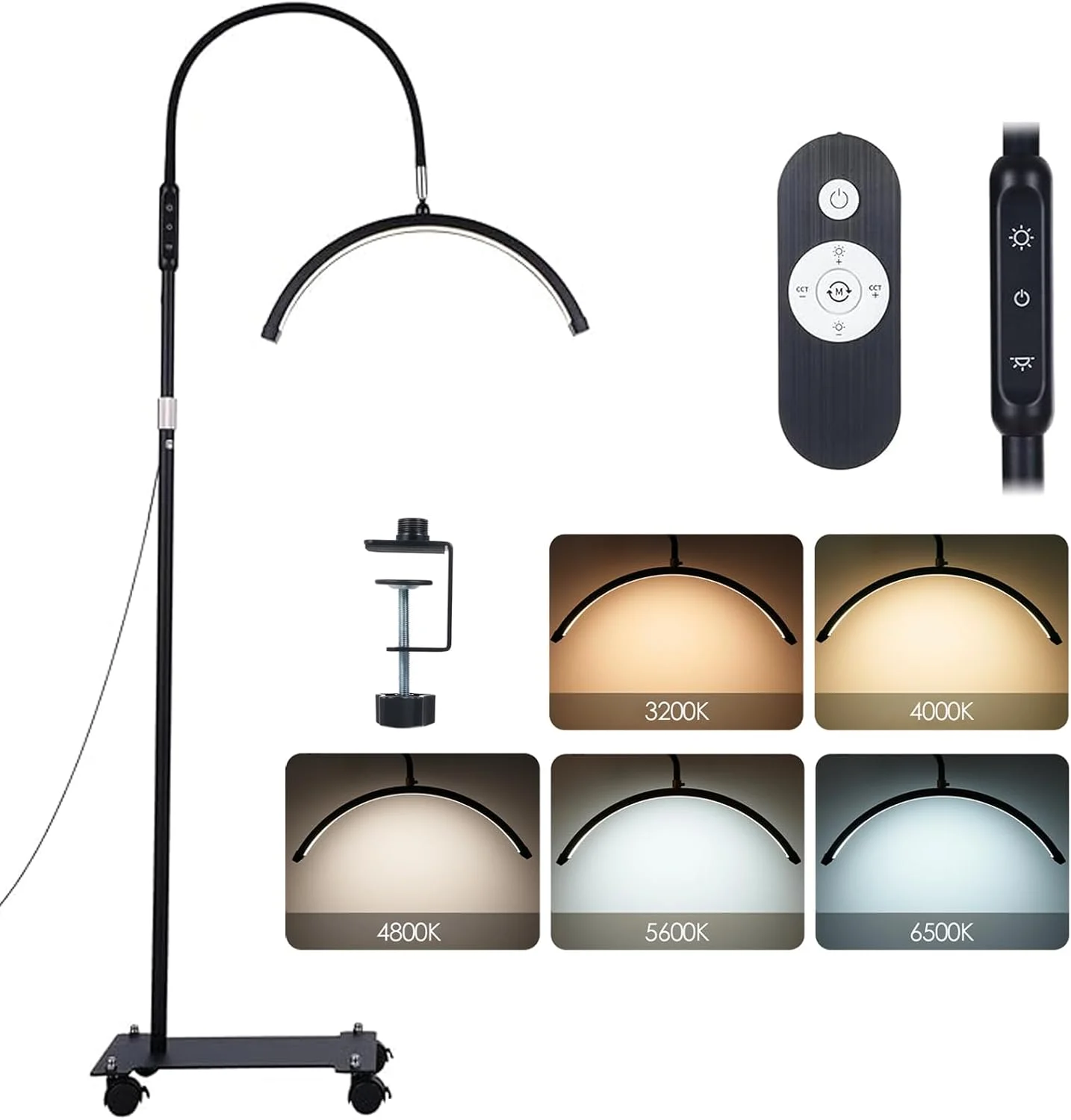 چراغ آرایشی نیمه ماه Tomshine - چراغ زمینی موبایل با چرخ، 192 LED، 5 رنگ و 5 سطح روشنایی، با کنترل از راه دور و گیره، برای اکستنشن مژه/طراحی ناخن/تاتو