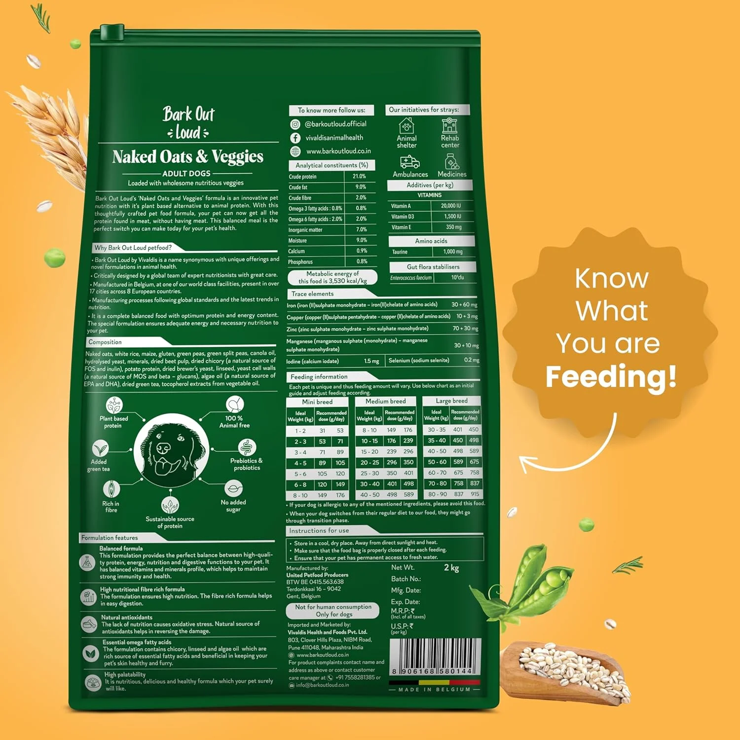 غذای خشک سگ بالغ نژادهای مختلف Bark Out Loud مدل Naked Oats & Veggies بای Vivaldis، حاوی جو دوسر و سبزیجات، 9 کیلوگرم به بالا، غنی از پروتئین گیاهی، پری‌بیوتیک و پروبیوتیک، ویتامین‌ها و فیبر، 2 کیلوگرم