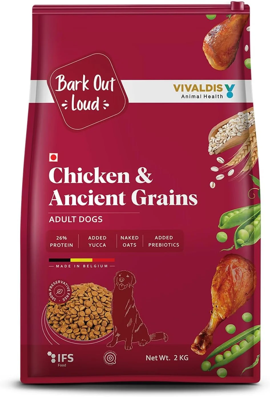 غذای خشک سگ بالغ با طعم مرغ و غلات باستانی Bark Out Loud by Vivaldis، غنی از پروتئین، آنتی اکسیدان، فیبر، پری بیوتیک ها و گیاهان دارویی، مناسب برای سگ های متوسط و بزرگ با وزن 8 کیلوگرم و بالاتر - (بسته 2 کیلوگرمی)