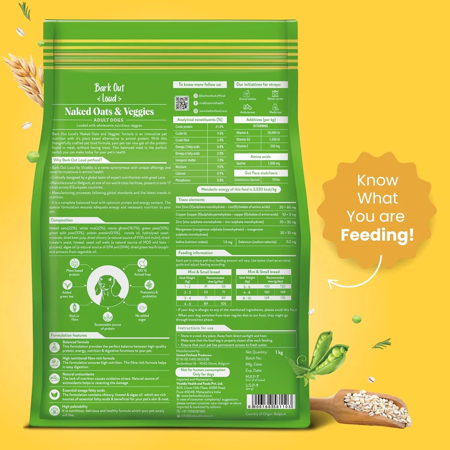 جو دوسر لخت و سبزیجات Bark Out Loud/Vivaldis - مخصوص نژادهای کوچک/مینی | غذای خشک گیاهی ممتاز سگ | پروتئین بالا، پری‌بیوتیک و پروبیوتیک، ویتامین‌ها و فیبر | غذای خشک گیاهی سگ (1 کیلوگرم)