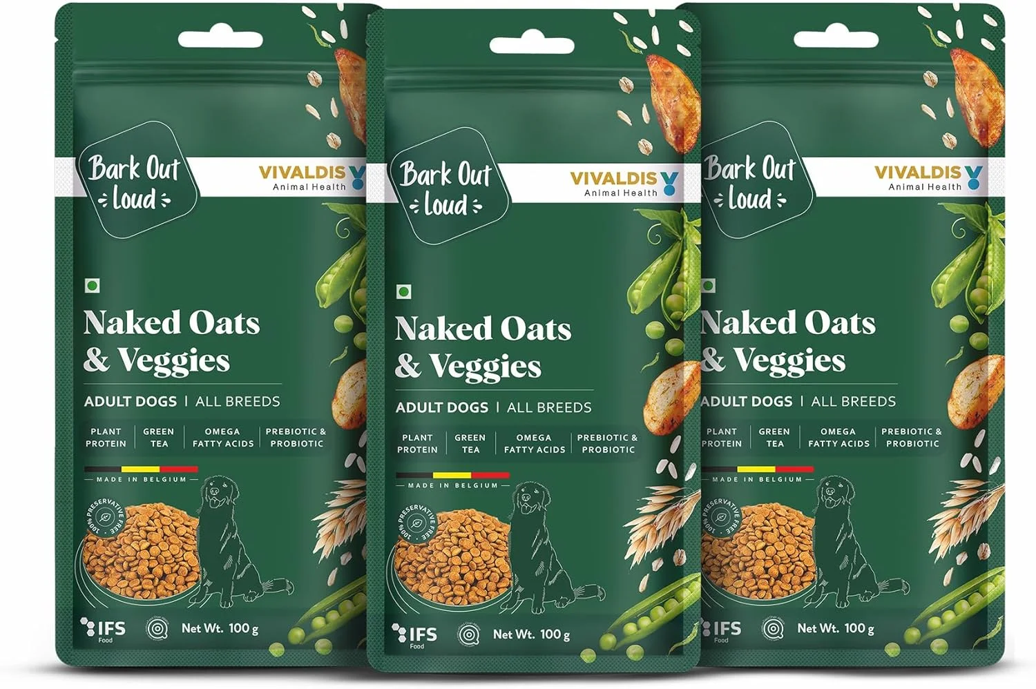 غذای خشک سگ گیاهی جو دوسر و سبزیجات Bark Out Loud by Vivaldis، مناسب برای همه نژادها، غنی از پروتئین گیاهی، پری بیوتیک ها و پروبیوتیک ها، ویتامین ها و فیبر، 300 گرم (3 بسته 100 گرمی)