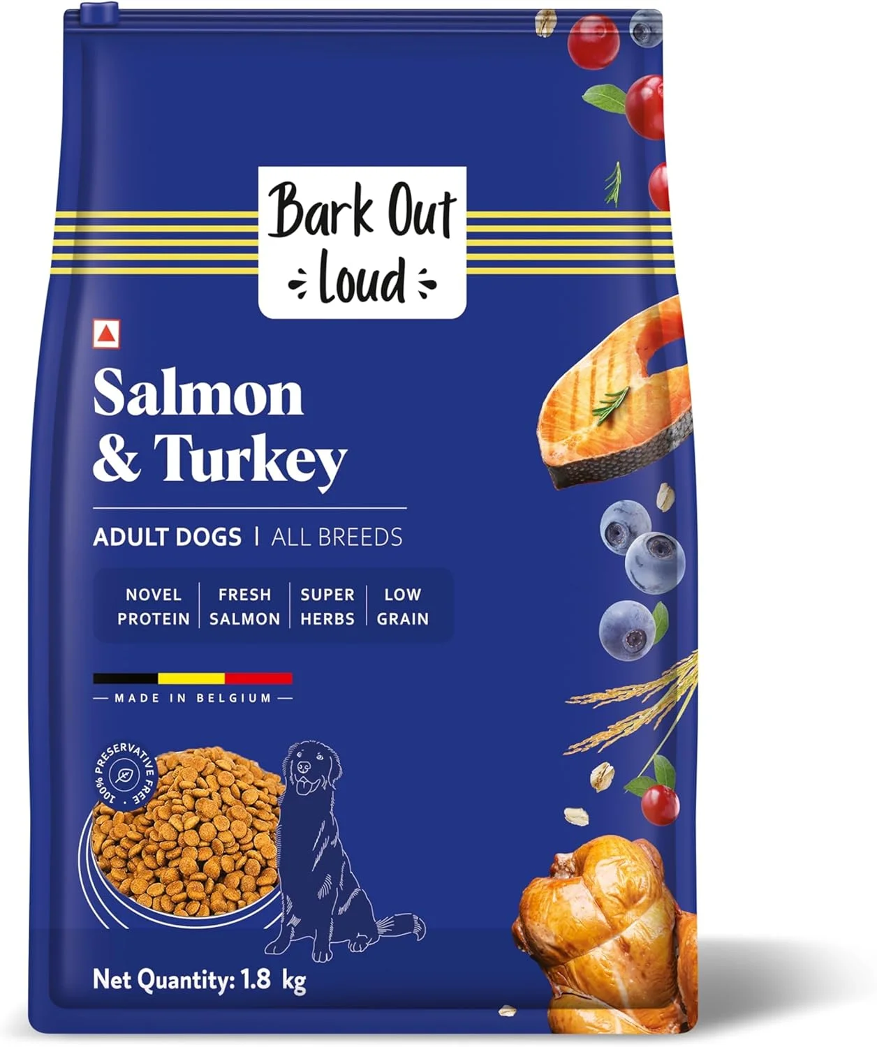 غذای خشک سگ بالغ با طعم سالمون و بوقلمون Bark Out Loud by Vivaldis، کم غلات، ضد حساسیت، غنی از پروتئین و پری‌بیوتیک، سالمون تازه، گیاهان فوق‌العاده، مناسب برای تمامی نژادها با وزن 9 کیلوگرم و بالاتر (بسته 2 کیلوگرمی)