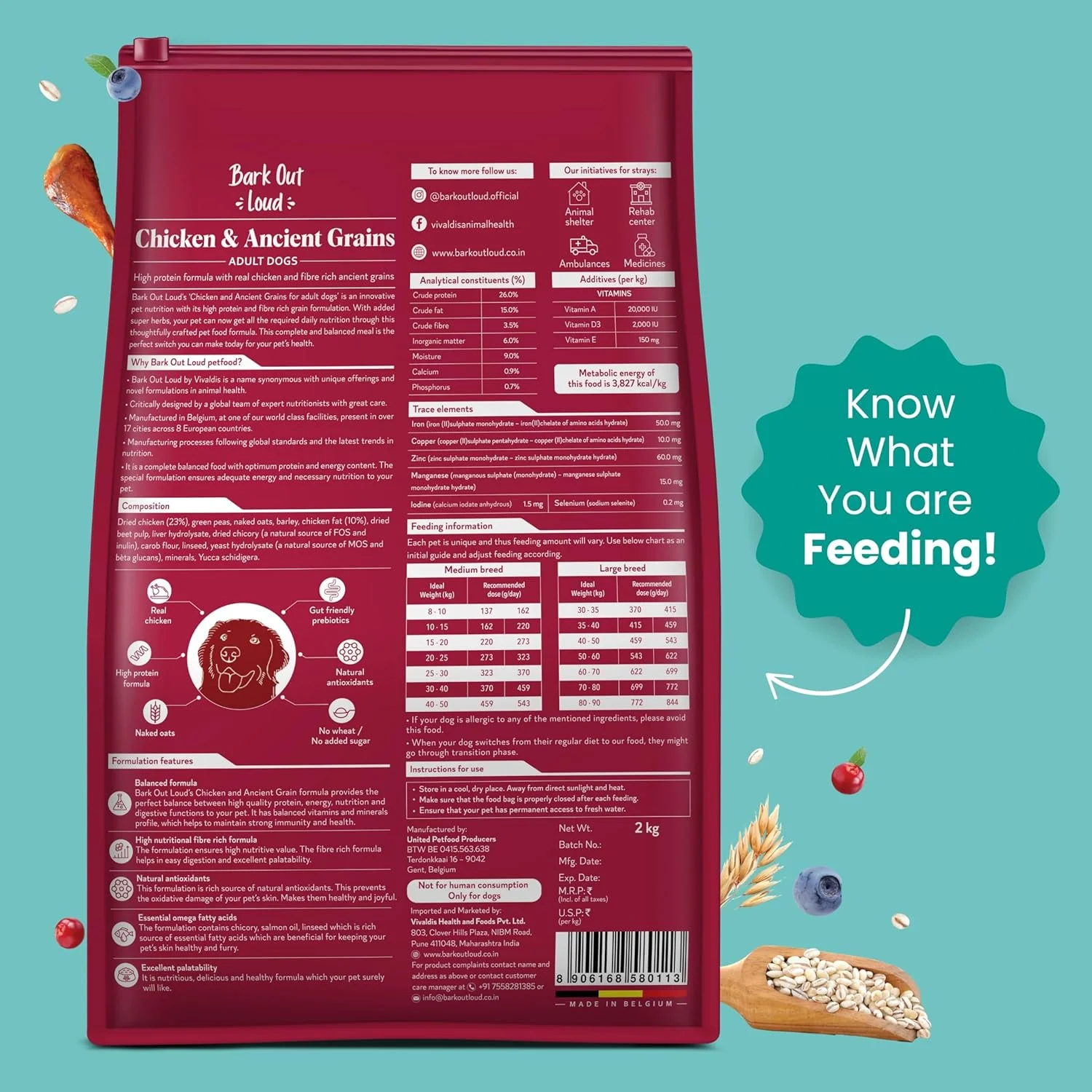 غذای خشک سگ بالغ با طعم مرغ و غلات باستانی Bark Out Loud by Vivaldis، غنی از پروتئین، آنتی اکسیدان، فیبر، پری بیوتیک ها و گیاهان دارویی، مناسب برای سگ های متوسط و بزرگ با وزن 8 کیلوگرم و بالاتر - (بسته 2 کیلوگرمی)