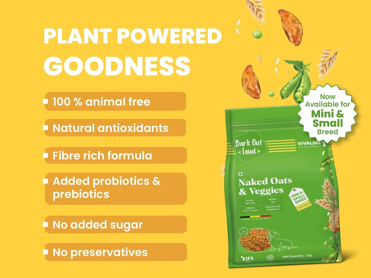 جو دوسر لخت و سبزیجات Bark Out Loud/Vivaldis - مخصوص نژادهای کوچک/مینی | غذای خشک گیاهی ممتاز سگ | پروتئین بالا، پری‌بیوتیک و پروبیوتیک، ویتامین‌ها و فیبر | غذای خشک گیاهی سگ (1 کیلوگرم)