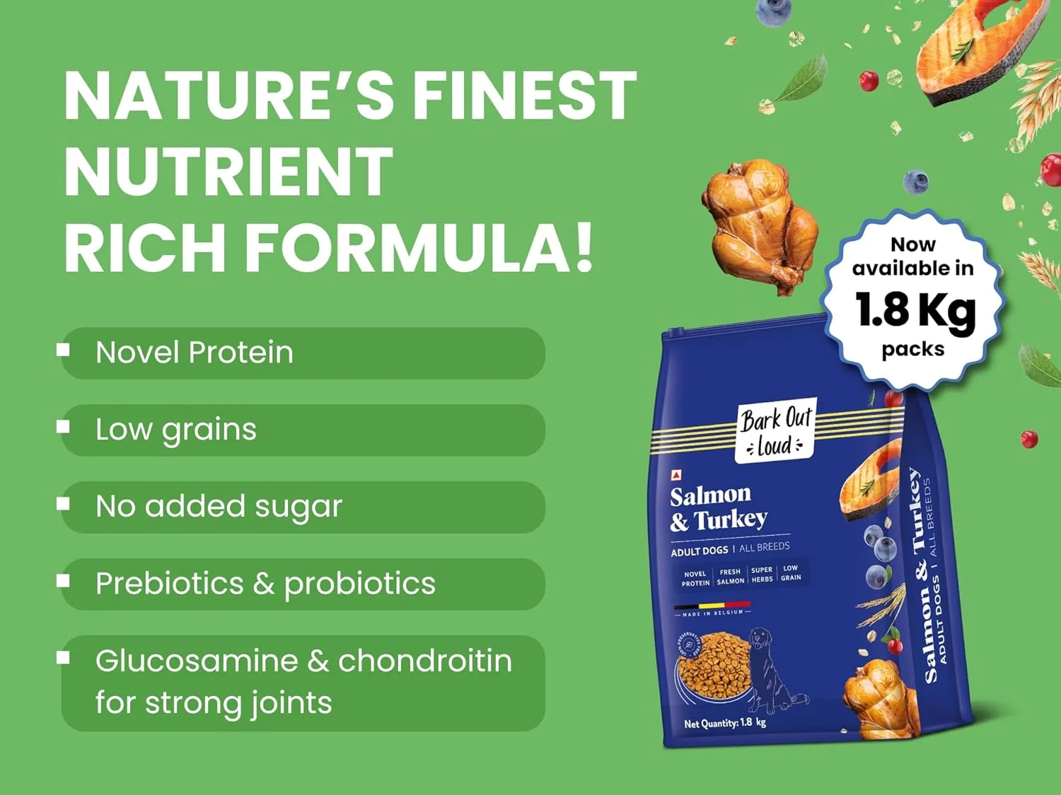 غذای خشک سگ بالغ با طعم سالمون و بوقلمون Bark Out Loud by Vivaldis، کم غلات، ضد حساسیت، غنی از پروتئین و پری‌بیوتیک، سالمون تازه، گیاهان فوق‌العاده، مناسب برای تمامی نژادها با وزن 9 کیلوگرم و بالاتر (بسته 2 کیلوگرمی)