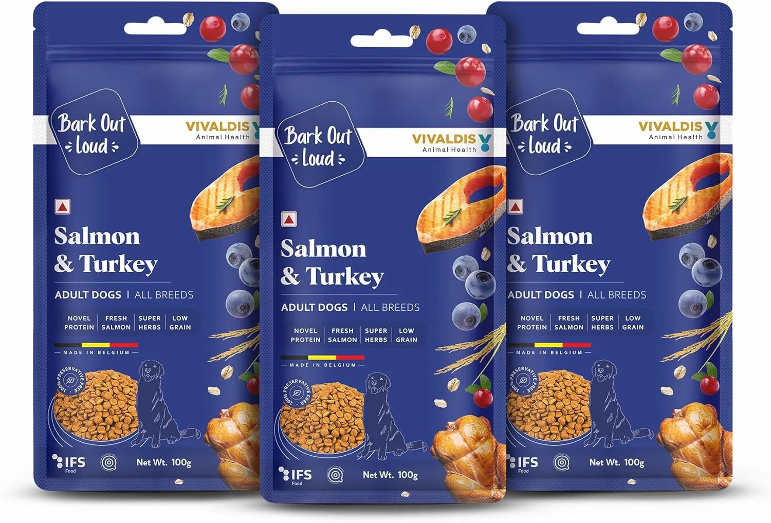غذای خشک سگ بالغ Bark Out Loud بای ویوالدیس، مناسب برای تمامی نژادها، فرمول سالمون و بوقلمون، تغذیه حیوانات خانگی، غنی از پروتئین جدید و پری‌بیوتیک‌ها، سالمون تازه، گیاهان فوق‌العاده کم غلات، 300 گرم (3 بسته 100 گرمی)