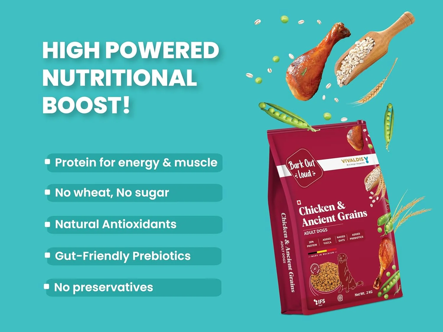 غذای خشک سگ بالغ با طعم مرغ و غلات باستانی Bark Out Loud by Vivaldis، غنی از پروتئین، آنتی اکسیدان، فیبر، پری بیوتیک ها و گیاهان دارویی، مناسب برای سگ های متوسط و بزرگ با وزن 8 کیلوگرم و بالاتر - (بسته 2 کیلوگرمی)