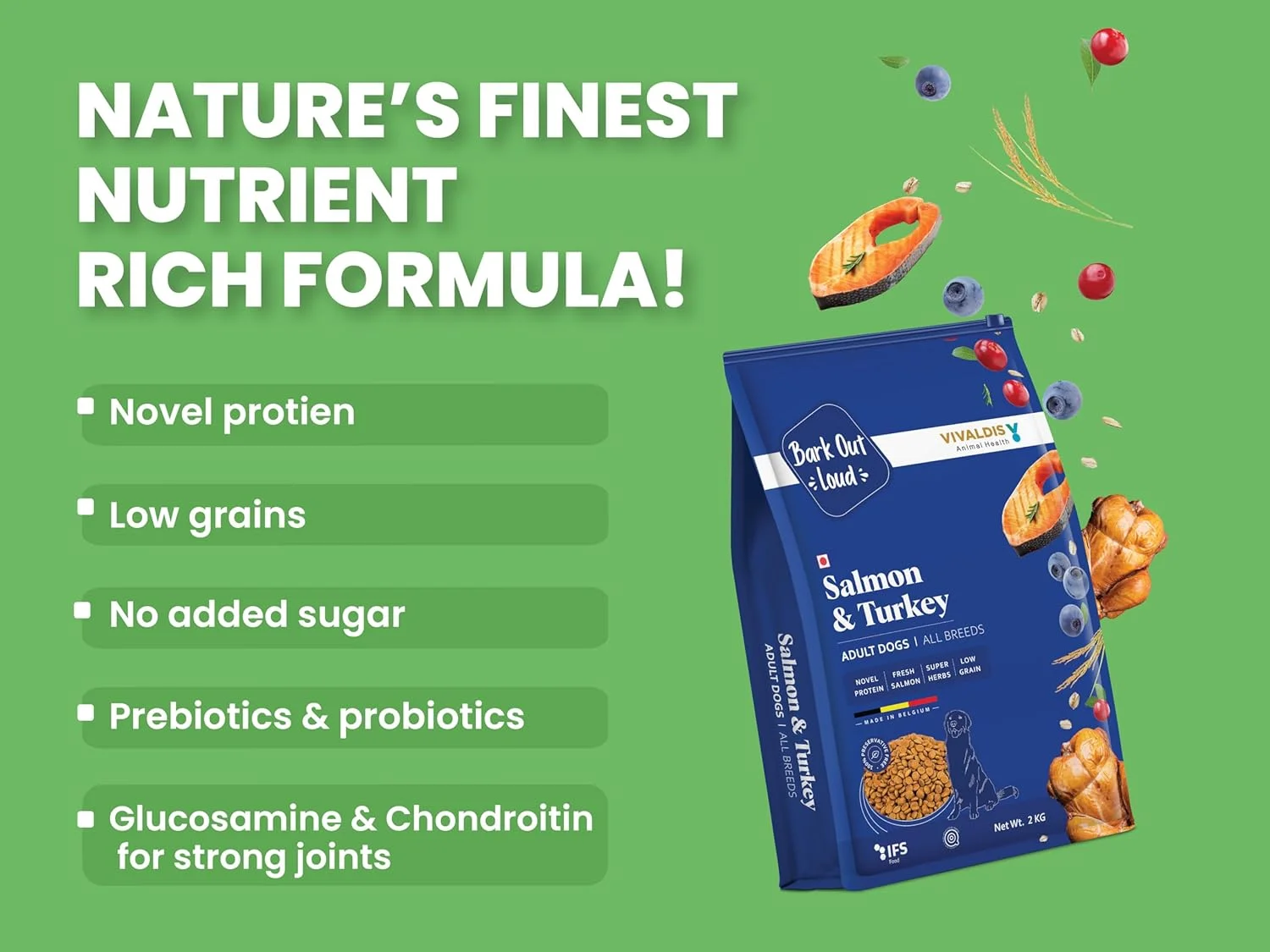 غذای خشک سگ بالغ Bark Out Loud بای ویوالدیس، مناسب برای تمامی نژادها، فرمول سالمون و بوقلمون، تغذیه حیوانات خانگی، غنی از پروتئین جدید و پری‌بیوتیک‌ها، سالمون تازه، گیاهان فوق‌العاده کم غلات، 300 گرم (3 بسته 100 گرمی)