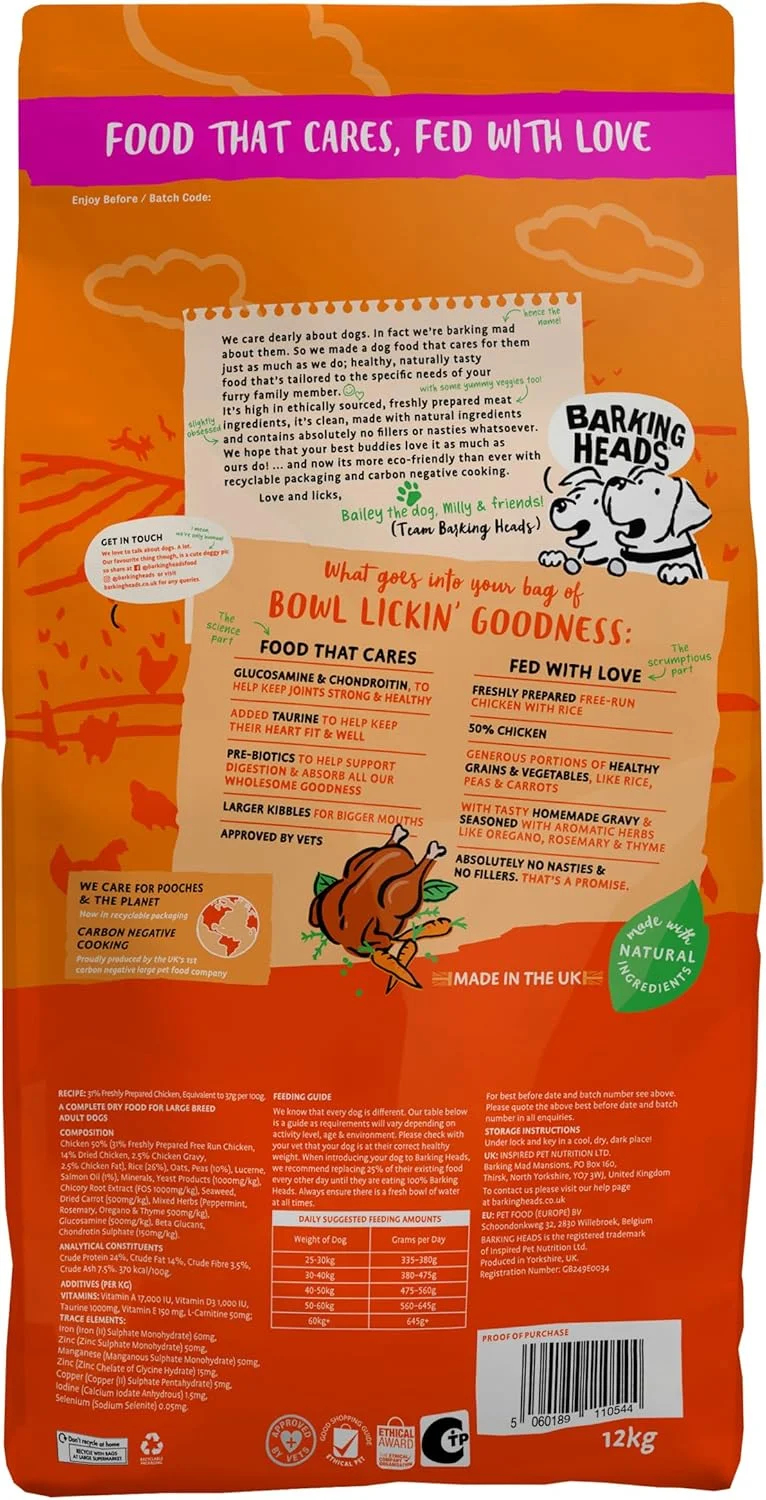 غذای خشک سگ نژاد بزرگ Barking Heads - مرغ لذیذ - 100% مرغ طبیعی بدون طعم دهنده های مصنوعی، مناسب برای هضم سالم و سلامت مفاصل نژادهای بزرگ، 12 کیلوگرم، شفاف