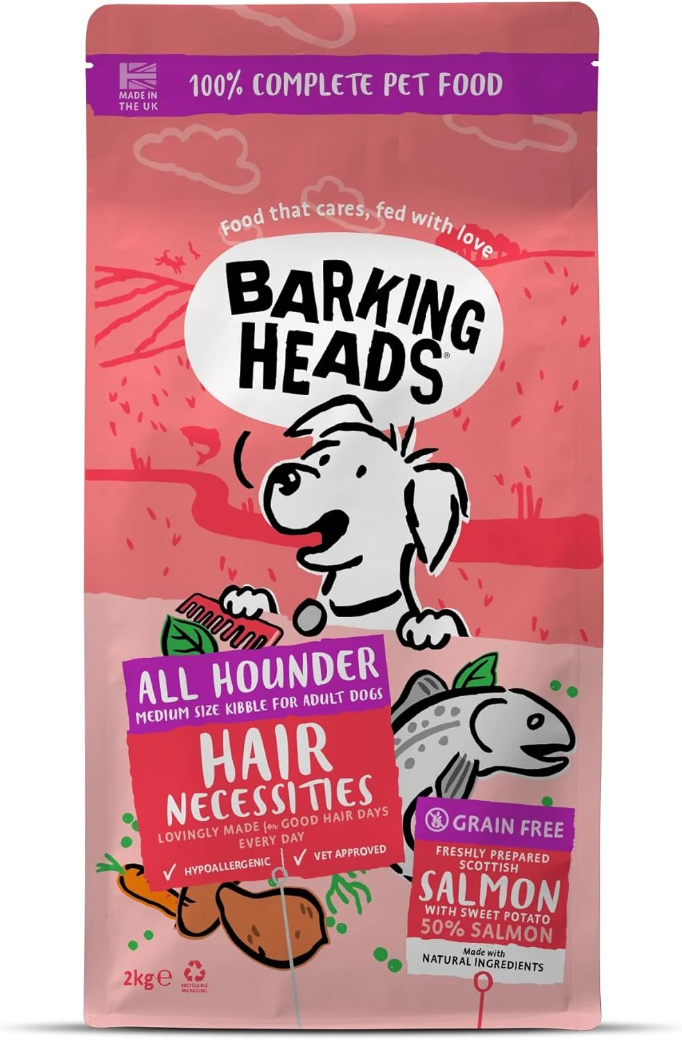 غذای خشک کامل سگ Barking Heads - غذای مخصوص سگ های بالغ با موهای بلند، طعم سالمون - بدون غلات، ضد حساسیت، مناسب پوست و مو - تایید شده توسط دامپزشکان (2 کیلوگرم - بسته 1 عددی)