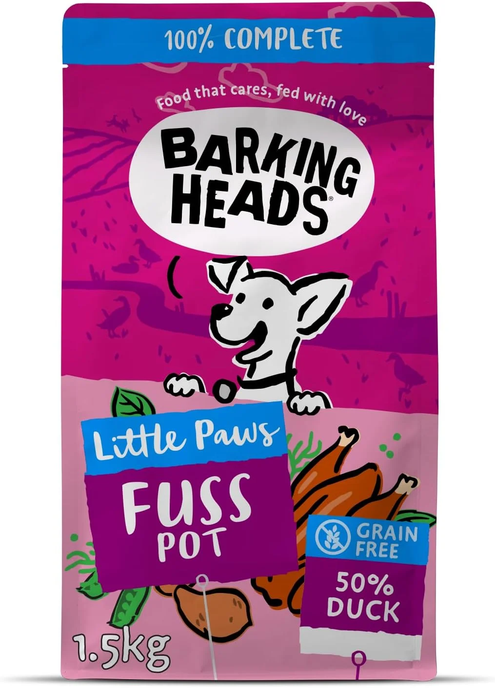 غذای خشک کامل سگ Barking Heads 1.5 کیلوگرمی - غذای سگ بالغ نژاد کوچک (Little Paws) با طعم اردک - بدون غلات، ضد حساسیت، مناسب سگ های بدغذا و معده های حساس - تایید شده توسط دامپزشکان