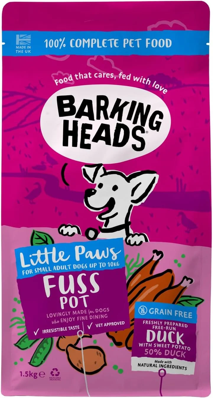 غذای خشک کامل سگ Barking Heads 1.5 کیلوگرمی - غذای سگ بالغ نژاد کوچک (Little Paws) با طعم اردک - بدون غلات، ضد حساسیت، مناسب سگ های بدغذا و معده های حساس - تایید شده توسط دامپزشکان