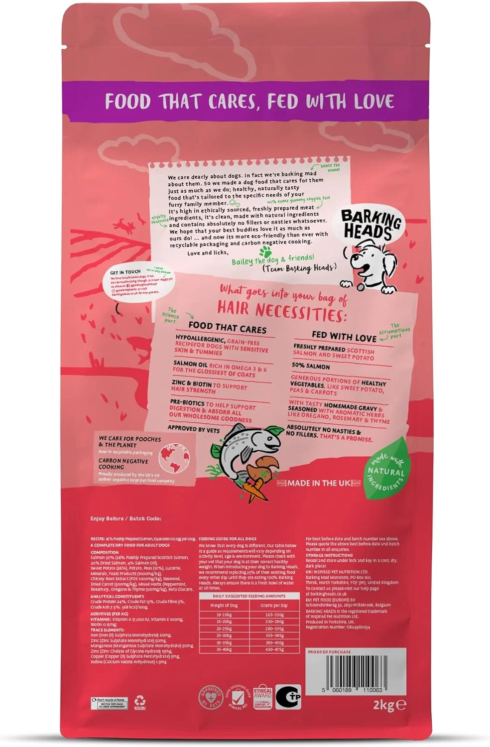 غذای خشک کامل سگ Barking Heads - غذای مخصوص سگ های بالغ با موهای بلند، طعم سالمون - بدون غلات، ضد حساسیت، مناسب پوست و مو - تایید شده توسط دامپزشکان (2 کیلوگرم - بسته 1 عددی)