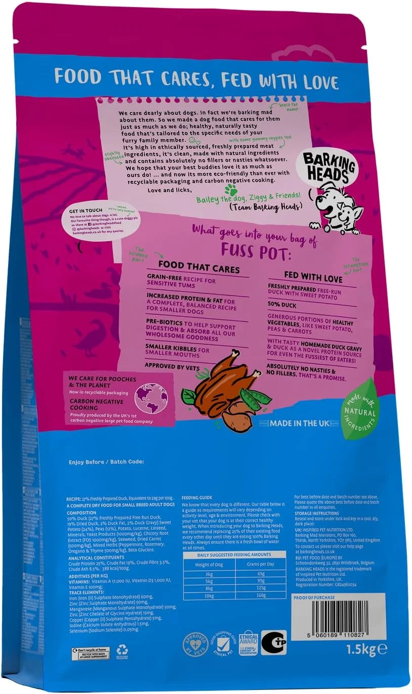 غذای خشک کامل سگ Barking Heads 1.5 کیلوگرمی - غذای سگ بالغ نژاد کوچک (Little Paws) با طعم اردک - بدون غلات، ضد حساسیت، مناسب سگ های بدغذا و معده های حساس - تایید شده توسط دامپزشکان