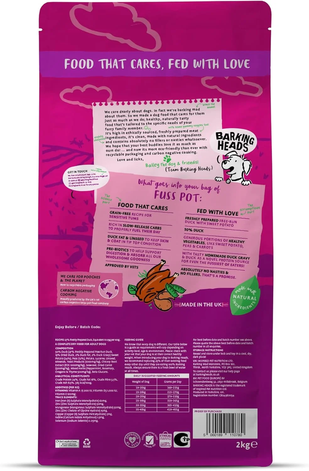 غذای خشک کامل سگ Barking Heads - غذای سگ بالغ با طعم اردک - بدون غلات، ضد حساسیت، مناسب سگ های بد غذا و معده های حساس (2 کیلوگرم)