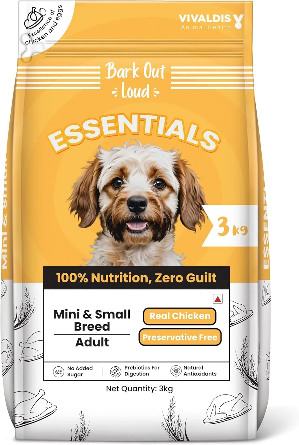 BARK OUT LOUD ESSENTIALS, Vivaldis - غذای خشک سگ بالغ، تغذیه مناسب برای نژادهای مینی و کوچک، پری بیوتیک های مرغ و تخم مرغ، روغن ماهی برای ایمنی (3 کیلوگرم)