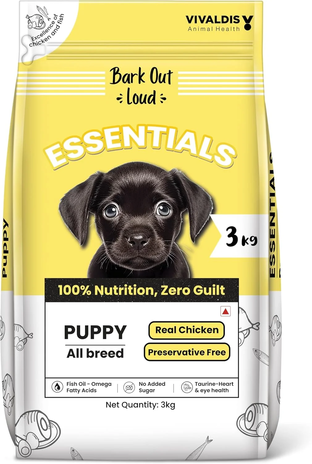 غذای خشک سگ توله سگ BARK OUT LOUD Essentials, Vivaldis - غذای خشک سگ توله سگ، تغذیه مناسب برای توله سگ ها، مرغ و تخم مرغ، دارای تورین و روغن ماهی، غذای خشک بدون مواد نگهدارنده برای توله سگ - 3 کیلوگرم، 3 عدد