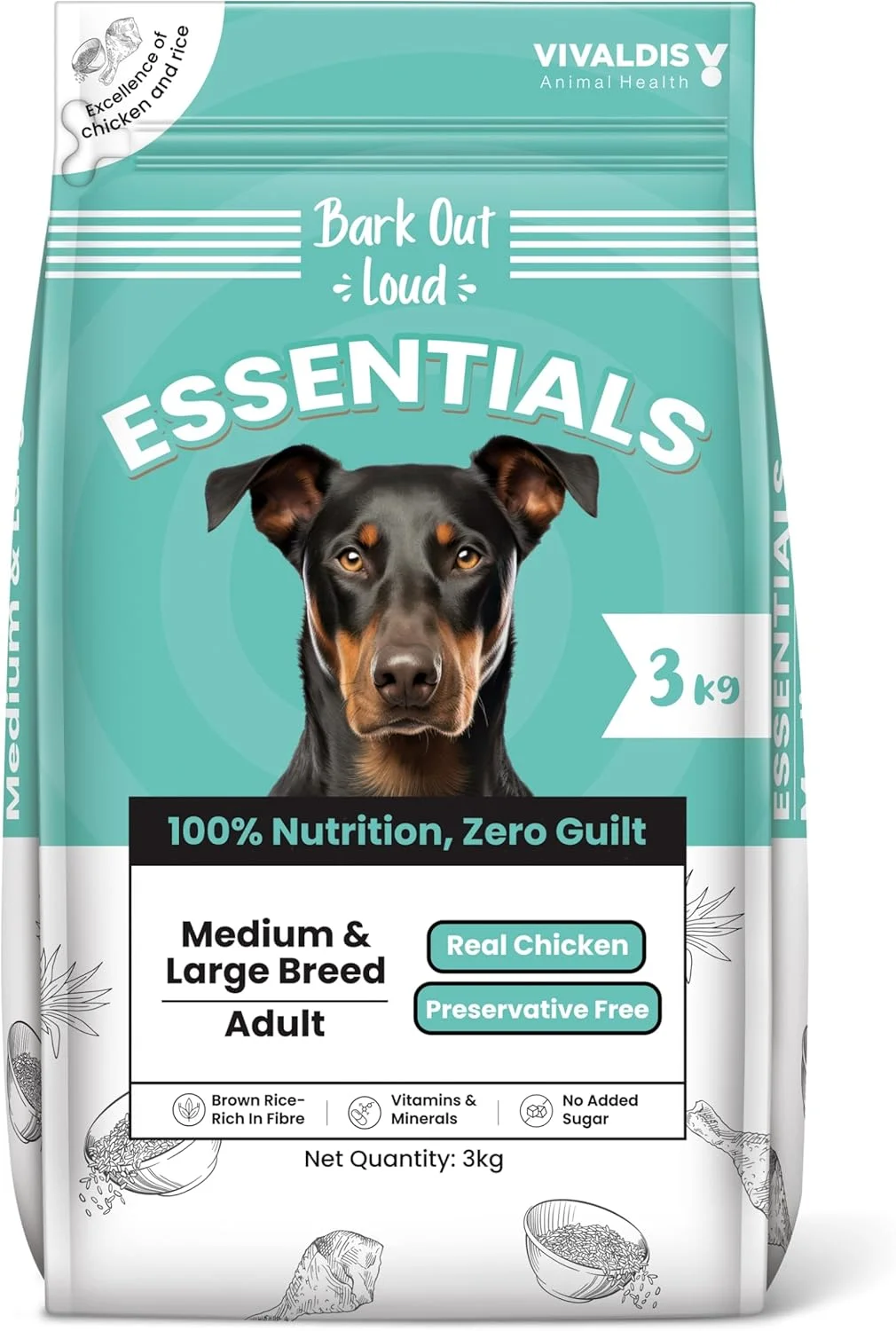 BARK OUT LOUD ESSENTIALS، غذای خشک سگ بالغ Vivaldis، تغذیه مناسب برای نژادهای بزرگ متوسط، مرغ و تخم مرغ، کیبل با پری بیوتیک، روغن ماهی برای ایمنی (3 کیلوگرم)
