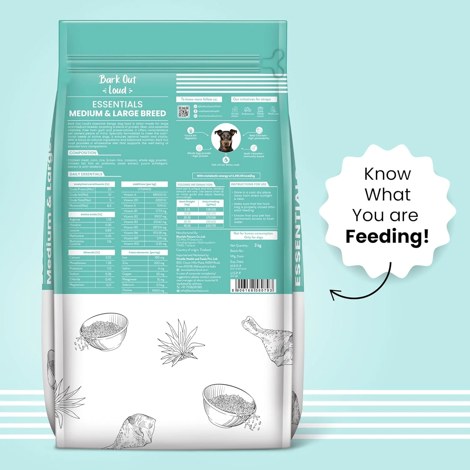 BARK OUT LOUD ESSENTIALS، غذای خشک سگ بالغ Vivaldis، تغذیه مناسب برای نژادهای بزرگ متوسط، مرغ و تخم مرغ، کیبل با پری بیوتیک، روغن ماهی برای ایمنی (3 کیلوگرم)