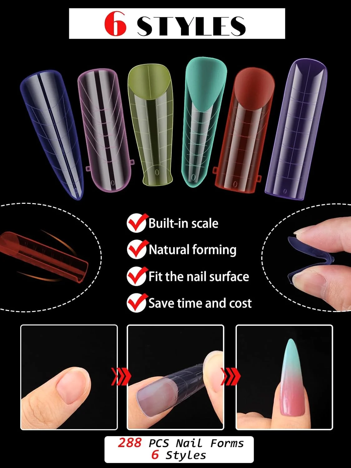 قالب ناخن پلی ژل EBANKU، 144 عددی، قالب های دوگانه قابل استفاده مجدد برای اکستنشن ناخن اکریلیک با 72 عدد استیکر قالب ناخن برای مانیکور ناخن در خانه و سالن (6 مدل)