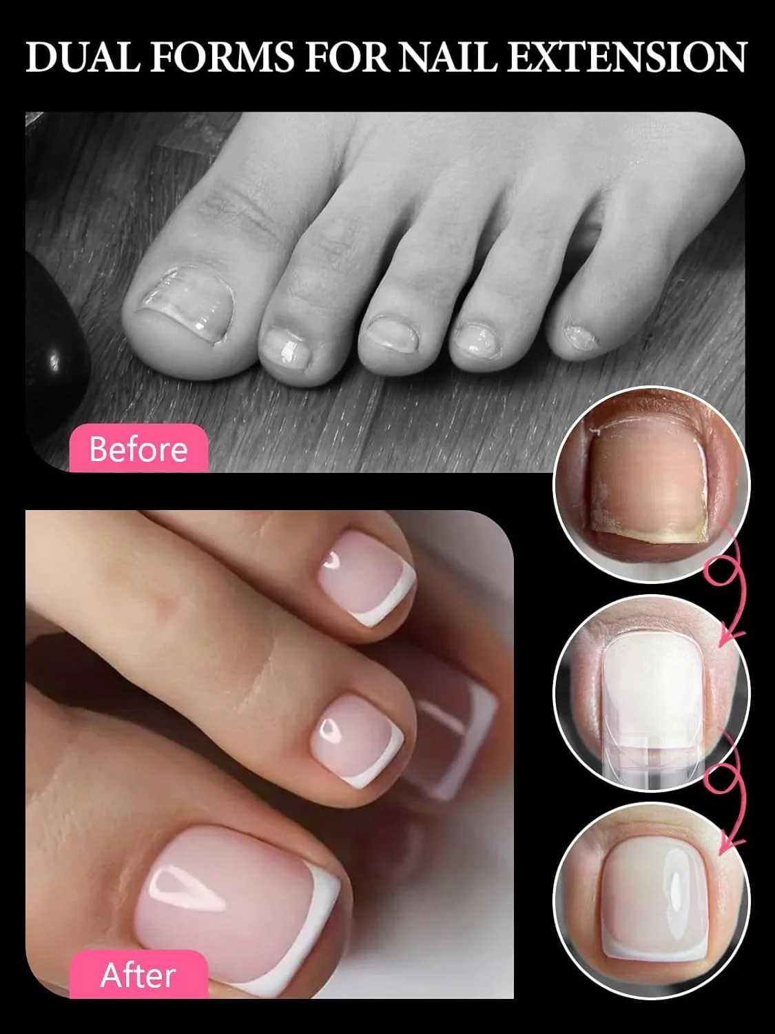 EBANKU 120 عدد قالب ناخن پلی ژل برای انگشتان پا، ناخن های نوک مربعی بلند دوتایی برای اکستنشن ناخن پدیکور، ست ناخن انگشت پا پلی ژل، قالب ناخن انگشت پا قابل استفاده مجدد، 12 سایز