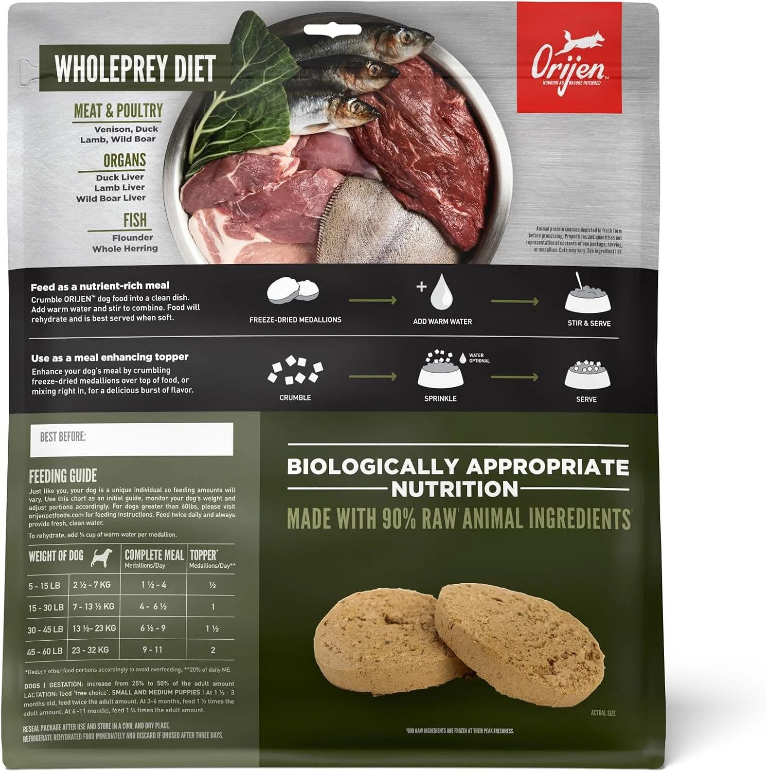 غذای سگ مدالیون های خشک شده منجمد اوریجن توندرا، غذای سگ بدون غلات، مواد اولیه WholePrey، 453 گرم