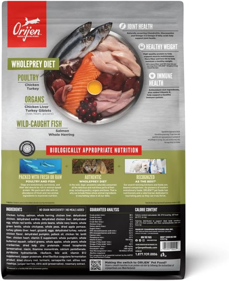 غذای خشک سگ مسن اوریجن، 2 کیلوگرم، غذای خشک با پروتئین بالا و بدون غلات برای سگ های مسن، بسته بندی ممکن است متفاوت باشد