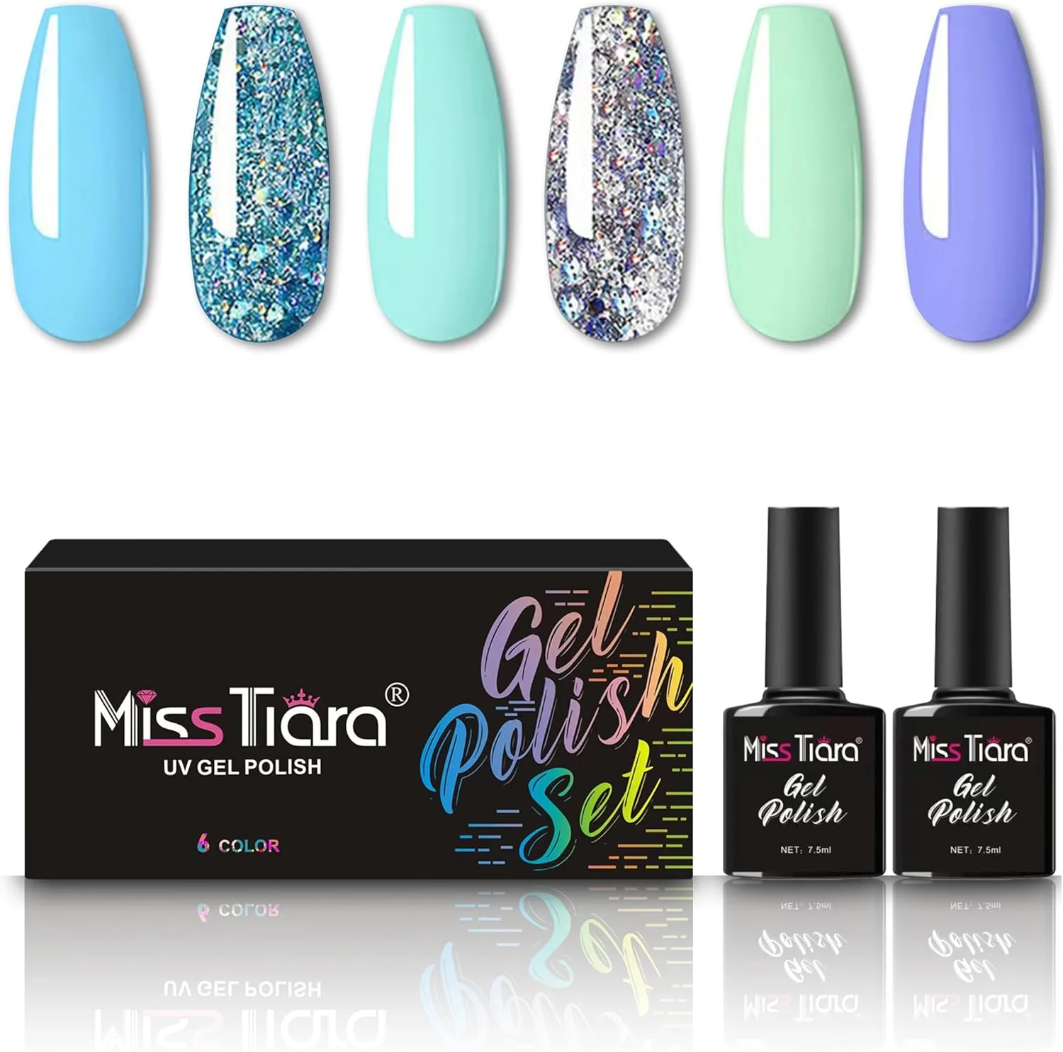 ست لاک ژل ناخن 6 عددی چند رنگ میس تیارا (آبی/خاکستری/سبز/بنفش) ست لاک ژل ناخن 6 عددی چند رنگ میس تیارا (آبی/خاکستری/سبز/بنفش)