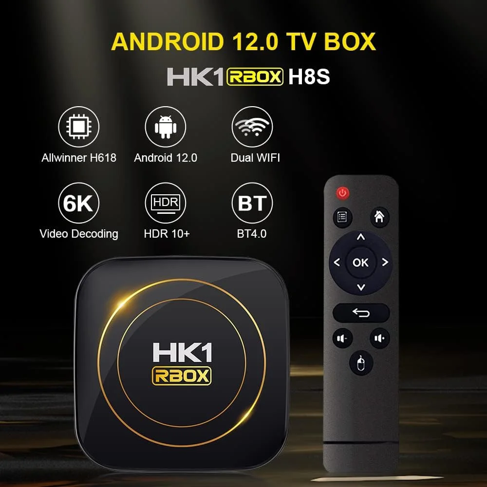 اندروید باکس 12.0 با 4 گیگابایت رم و 64 گیگابایت حافظه داخلی مدل HK1 RBOX H8S، پردازنده چهارهسته‌ای 64 بیتی Allwinnerh618، وای‌فای دوگانه 2.4G/5.0G، بلوتوث 4.0، 3D Ultra HD 4K، H.265، LAN 1000M، USB 3.0، اندروید باکس هوشمند 4GB+64GB
