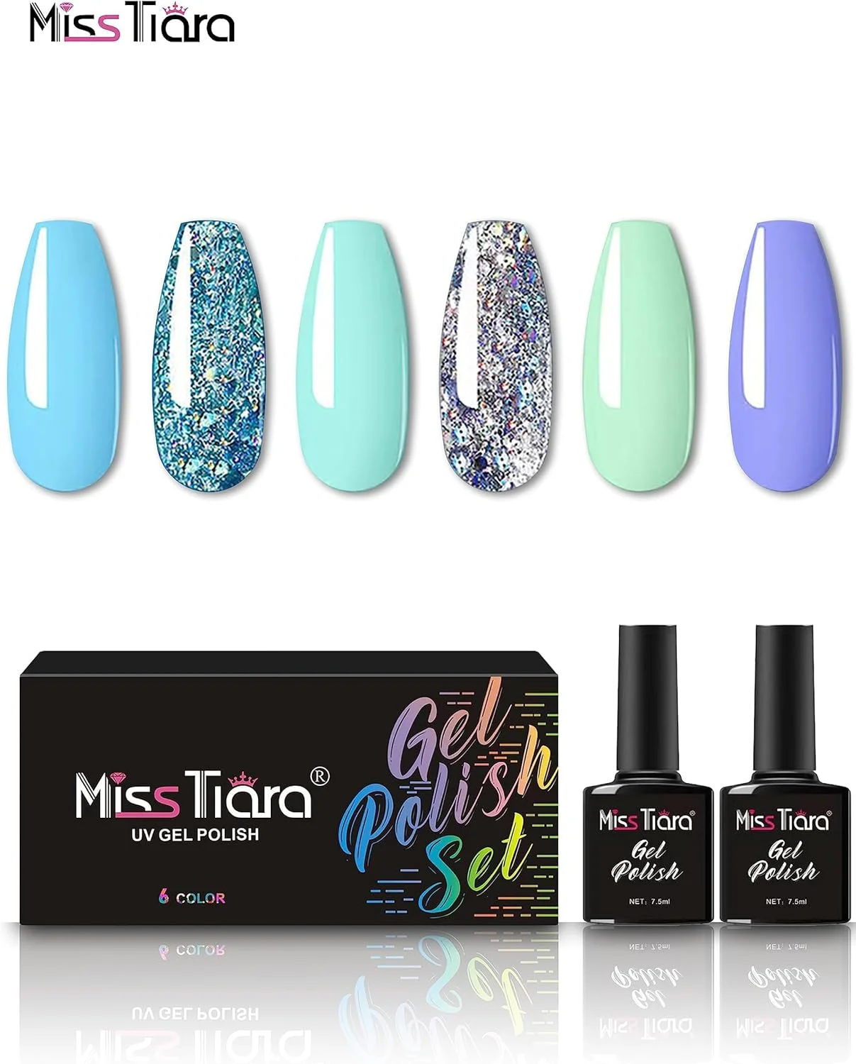 ست لاک ژل ناخن 6 عددی چند رنگ میس تیارا (آبی/خاکستری/سبز/بنفش) ست لاک ژل ناخن 6 عددی چند رنگ میس تیارا (آبی/خاکستری/سبز/بنفش)