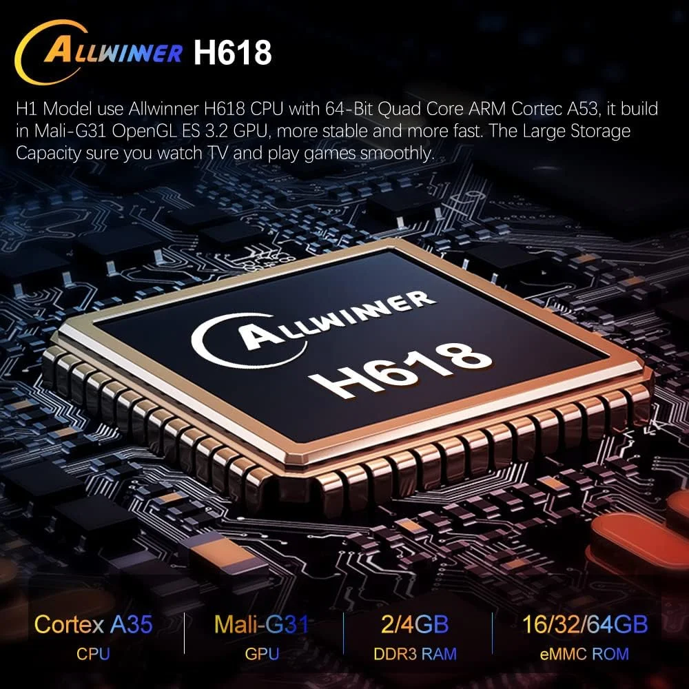 اندروید باکس AMITVA Android 12.0 TV Box[4G+64G]، اندروید باکس هوشمند Allwinner H618 Quad-Core 64-Bit ARM Cortex-A53 با پشتیبانی از 4K، وای فای 2.4/5.0Ghz، بلوتوث 4.0، اترنت 100/1000M، HDMI 2.0 H.265، ست تاپ باکس، 2gb+16gb