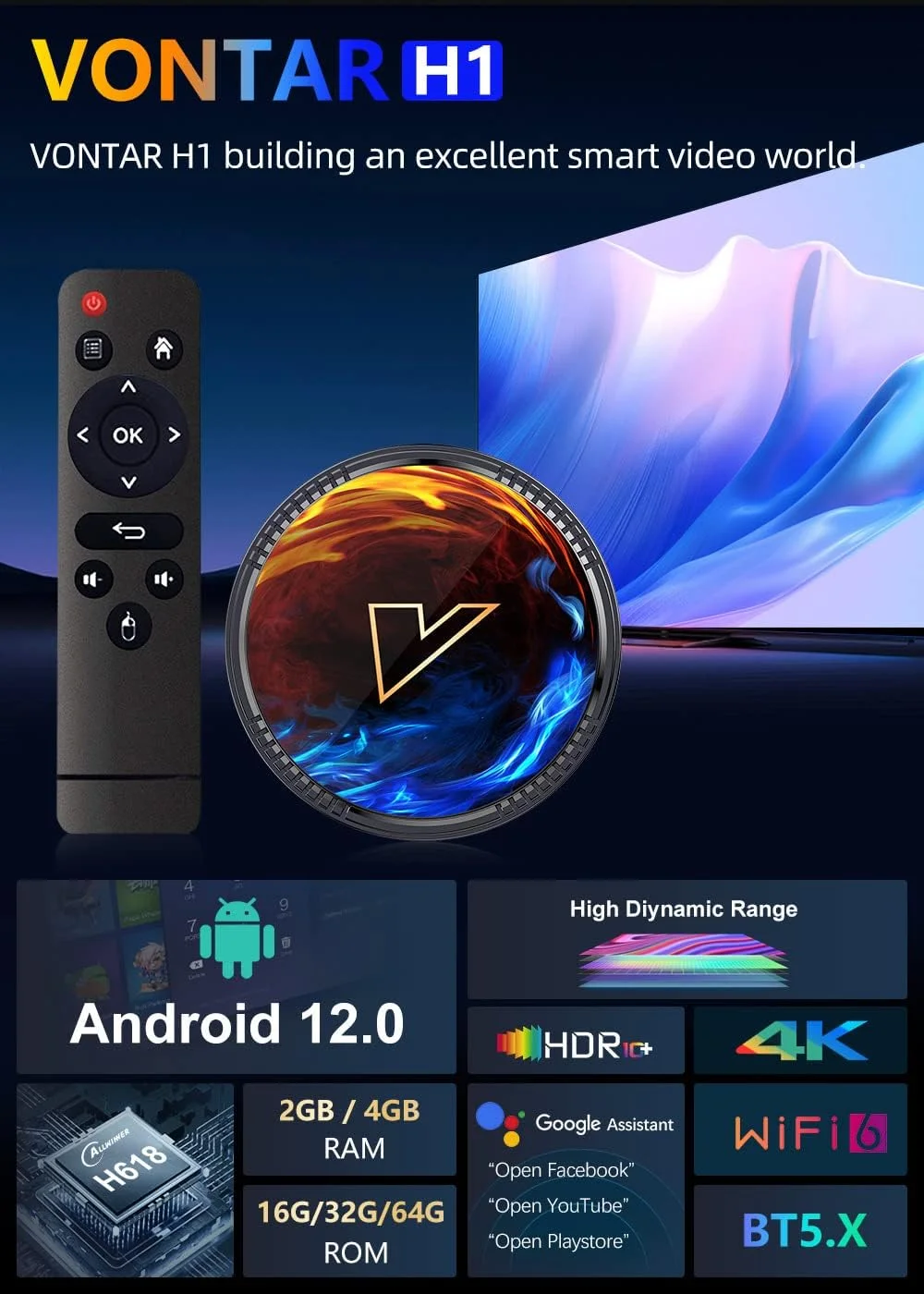 اندروید باکس AMITVA Android 12.0 TV Box[4G+64G]، اندروید باکس هوشمند Allwinner H618 Quad-Core 64-Bit ARM Cortex-A53 با پشتیبانی از 4K، وای فای 2.4/5.0Ghz، بلوتوث 4.0، اترنت 100/1000M، HDMI 2.0 H.265، ست تاپ باکس، 2gb+16gb