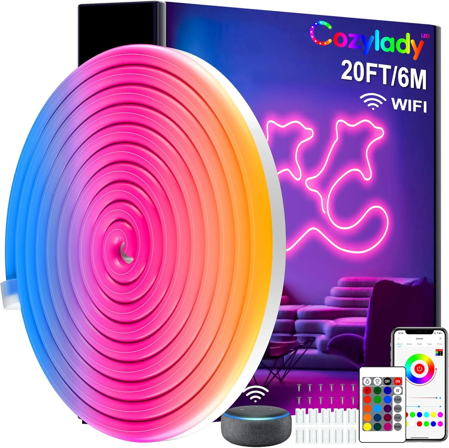 چراغ نواری نئونی ال ای دی 6 متری Cozylady، چراغ نواری RGB ضد آب، همگام سازی با موسیقی، کنترل هوشمند از طریق اپلیکیشن وای فای، سازگار با الکسا و دستیار گوگل، طراحی DIY چراغ های نئونی برای اتاق خواب، اتاق بازی، دکور دیوار