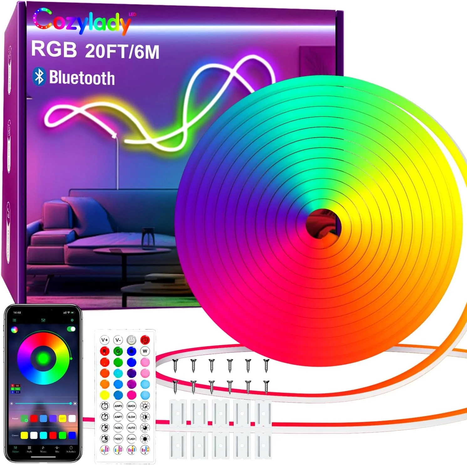 چراغ نواری نئون ال ای دی بلوتوثی 6 متری Cozylady، ضد آب RGB، همگام سازی موسیقی، کنترل از راه دور/برنامه، چراغ های نئون ال ای دی انعطاف پذیر برای دکوراسیون داخلی و خارجی اتاق خواب IP67